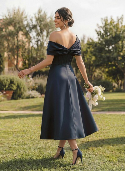 A-Line Asymmetrical Sleeveless Tea-Length Satin Bridesmaid Dresses