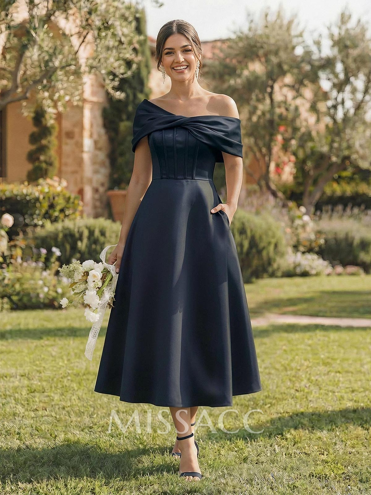 A-Line Asymmetrical Sleeveless Tea-Length Satin Bridesmaid Dresses