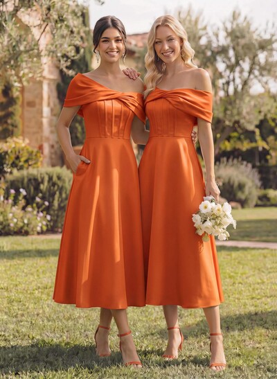 A-Line Asymmetrical Sleeveless Tea-Length Satin Bridesmaid Dresses