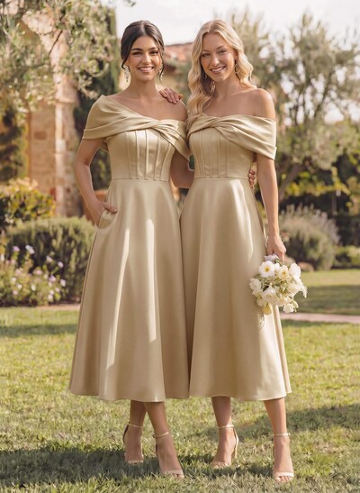 A-Line Asymmetric Sleeveless Tea-Length Satin Bridesmaid Dresses