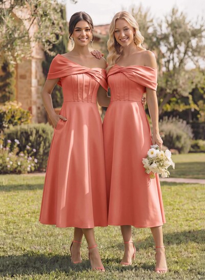 A-Line Asymmetrical Sleeveless Tea-Length Satin Bridesmaid Dresses
