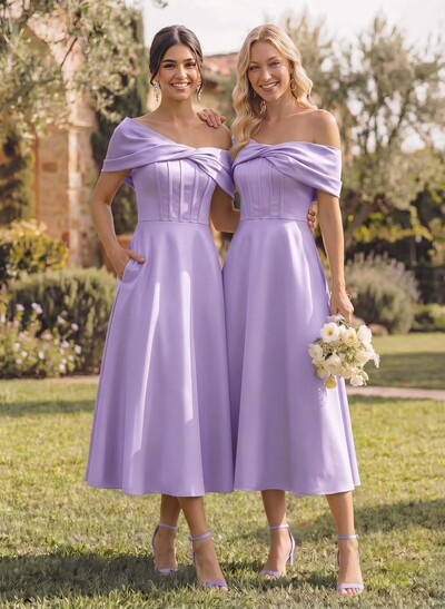 A-Line Asymmetrical Sleeveless Tea-Length Satin Bridesmaid Dresses