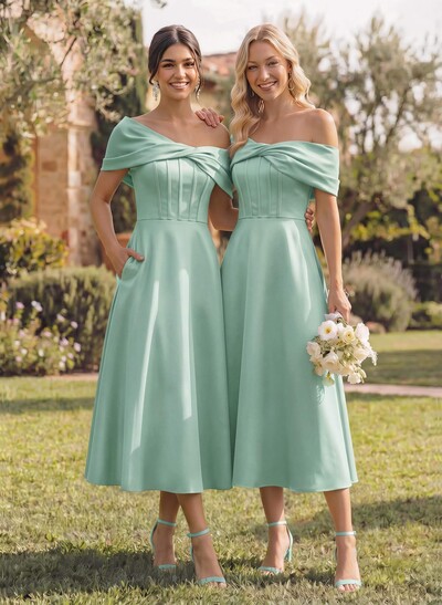 A-Line Asymmetrical Sleeveless Tea-Length Satin Bridesmaid Dresses