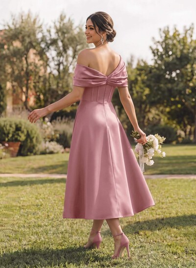 A-Line Asymmetrical Sleeveless Tea-Length Satin Bridesmaid Dresses