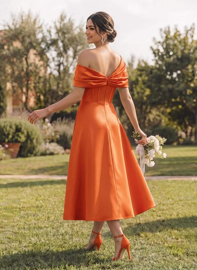 A-Line Asymmetrical Sleeveless Tea-Length Satin Bridesmaid Dresses