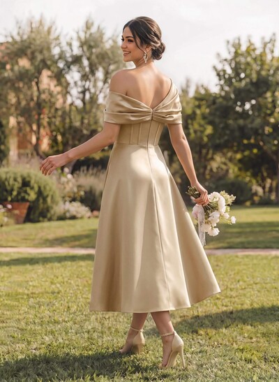 A-Line Asymmetric Sleeveless Tea-Length Satin Bridesmaid Dresses