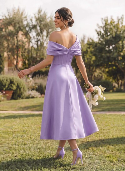 A-Line Asymmetrical Sleeveless Tea-Length Satin Bridesmaid Dresses