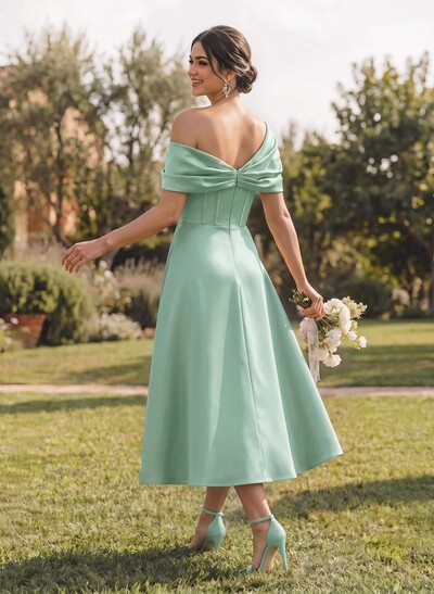 A-Line Asymmetrical Sleeveless Tea-Length Satin Bridesmaid Dresses