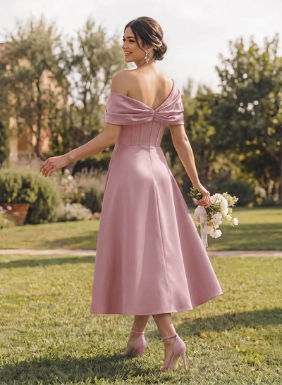 A-Line Asymmetrical Sleeveless Tea-Length Satin Bridesmaid Dresses