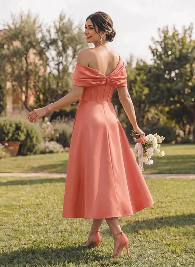A-Line Asymmetrical Sleeveless Tea-Length Satin Bridesmaid Dresses