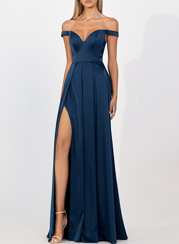 Sheath/Column Off-The-Shoulder Satin Bridesmaid Dresses With Pleated