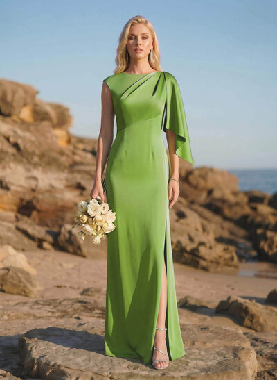 Sheath/Column Scoop Neck Silk Like Satin Bridesmaid Dresses With Split Front
