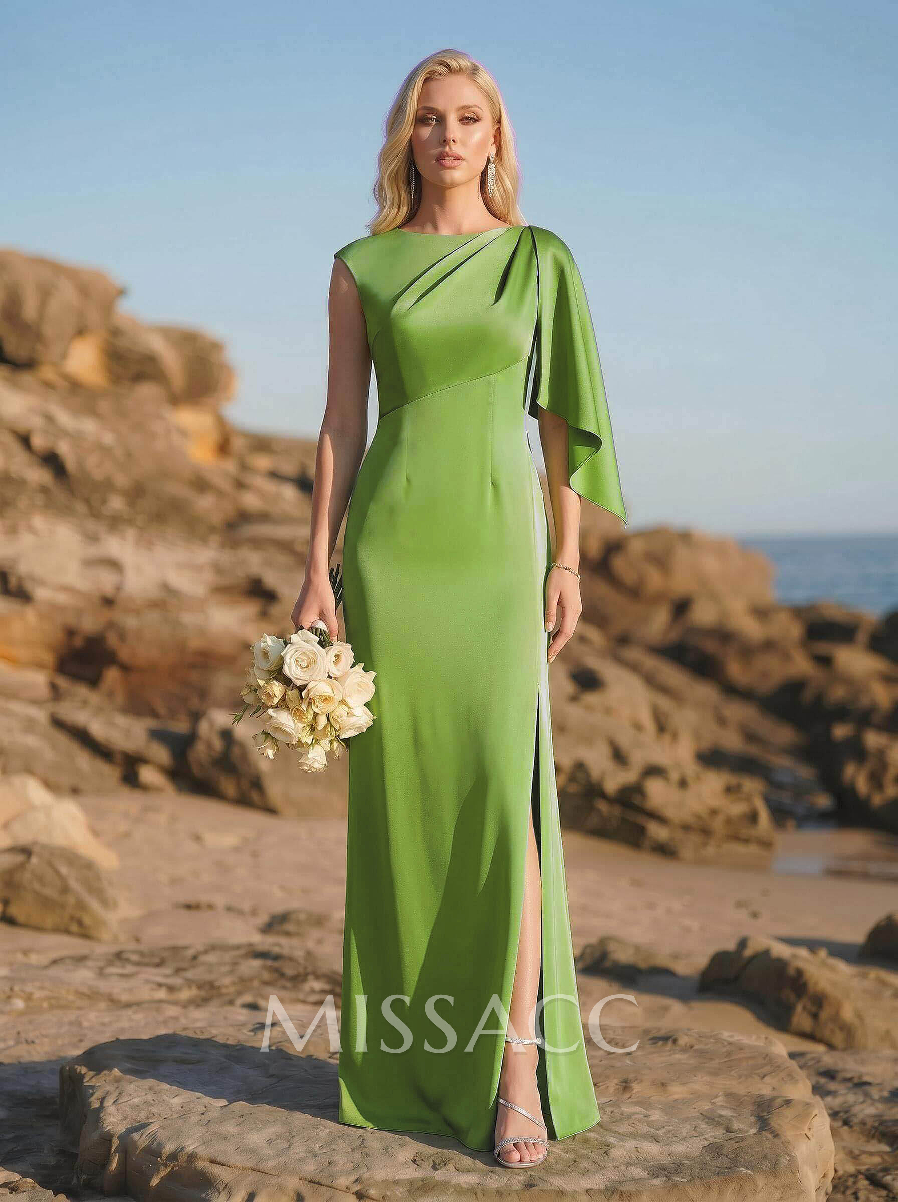 Sheath/Column Scoop Neck Silk Like Satin Bridesmaid Dresses With Split Front