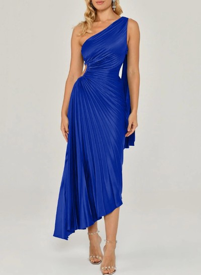 A-Line One-Shoulder Sleeveless Silk Like Satin Cocktail Dresses With Pleated
