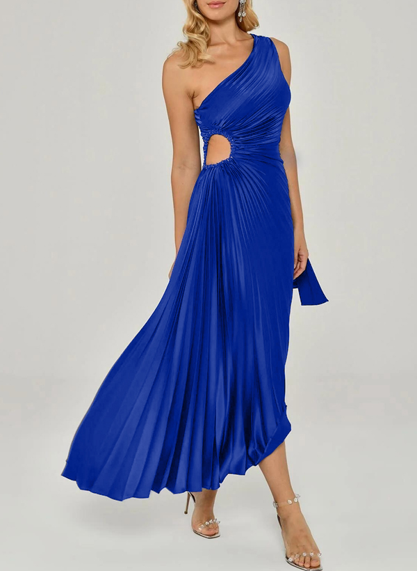 A-Line One-Shoulder Sleeveless Silk Like Satin Cocktail Dresses With Pleated