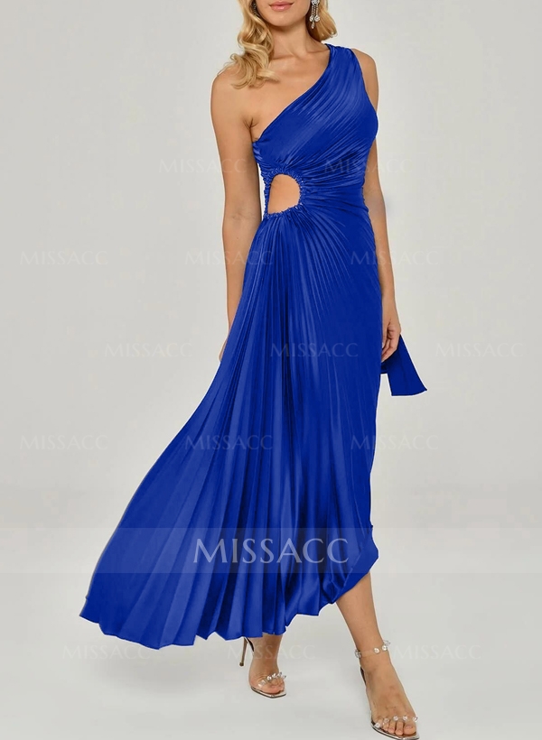 A-Line One-Shoulder Sleeveless Silk Like Satin Cocktail Dresses With Pleated