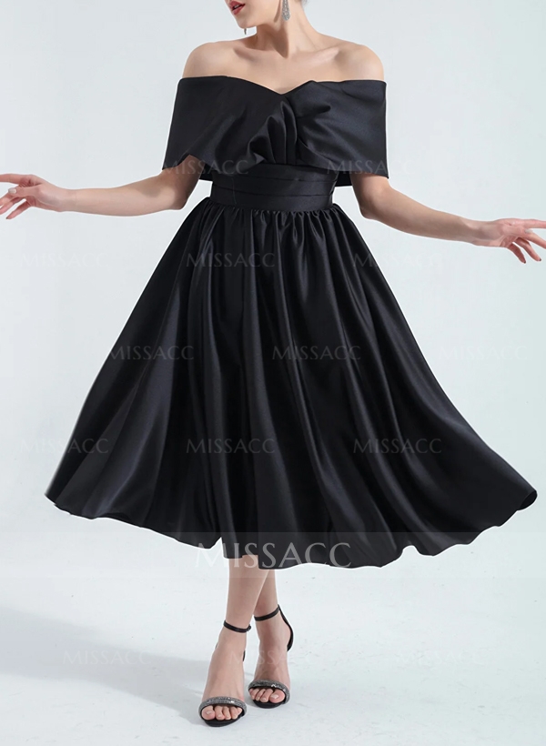 A-Line Off-The-Shoulder Sleeveless Tea-Length Silk Like Satin Cocktail Dresses