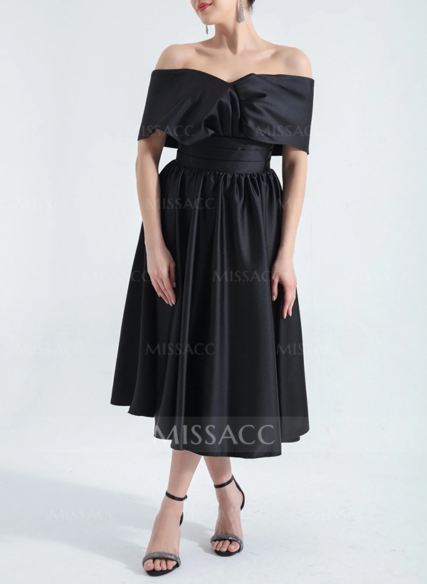 A-Line Off-The-Shoulder Sleeveless Tea-Length Silk Like Satin Cocktail Dresses