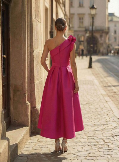 A-Line One-Shoulder Sleeveless Satin Cocktail Dresses With Ruffle