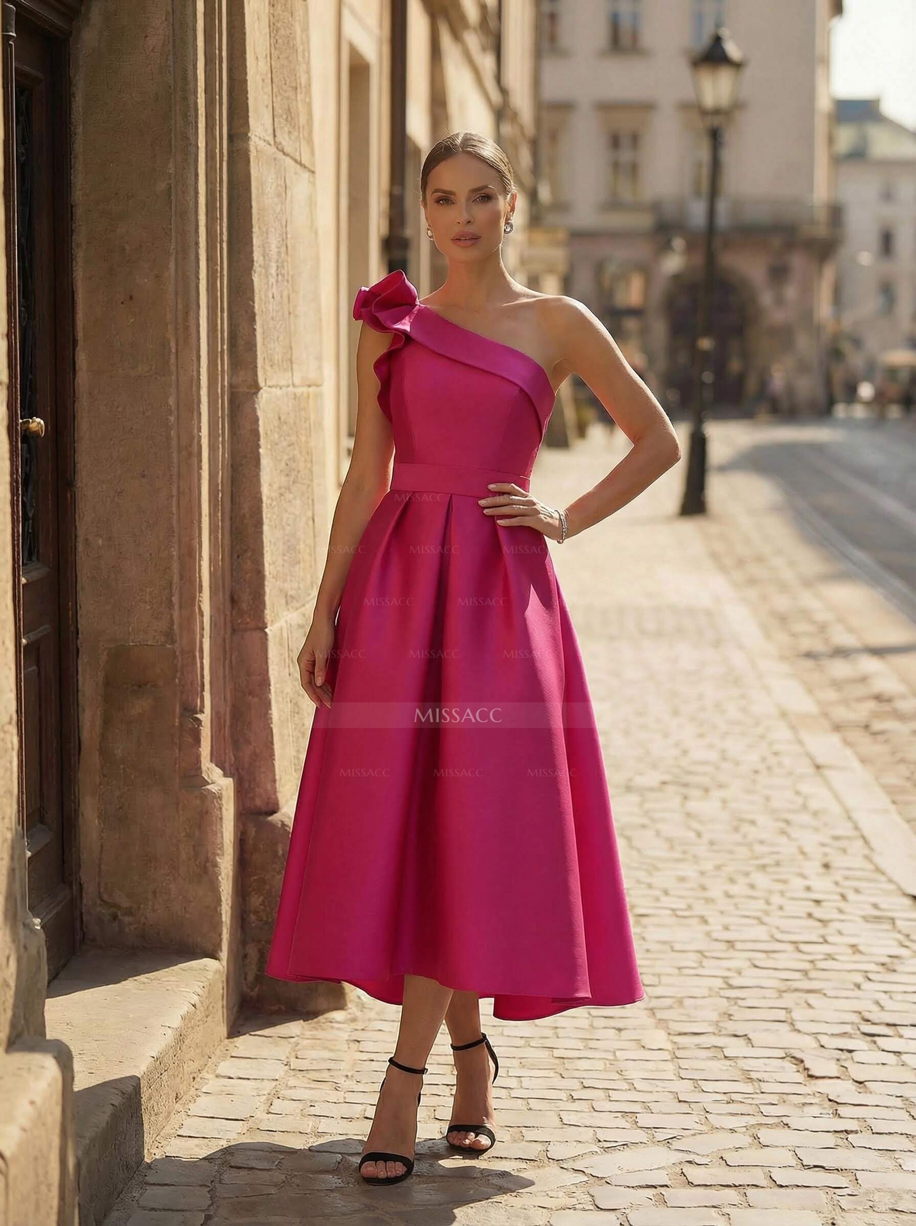 A-Line One-Shoulder Sleeveless Satin Cocktail Dresses With Ruffle