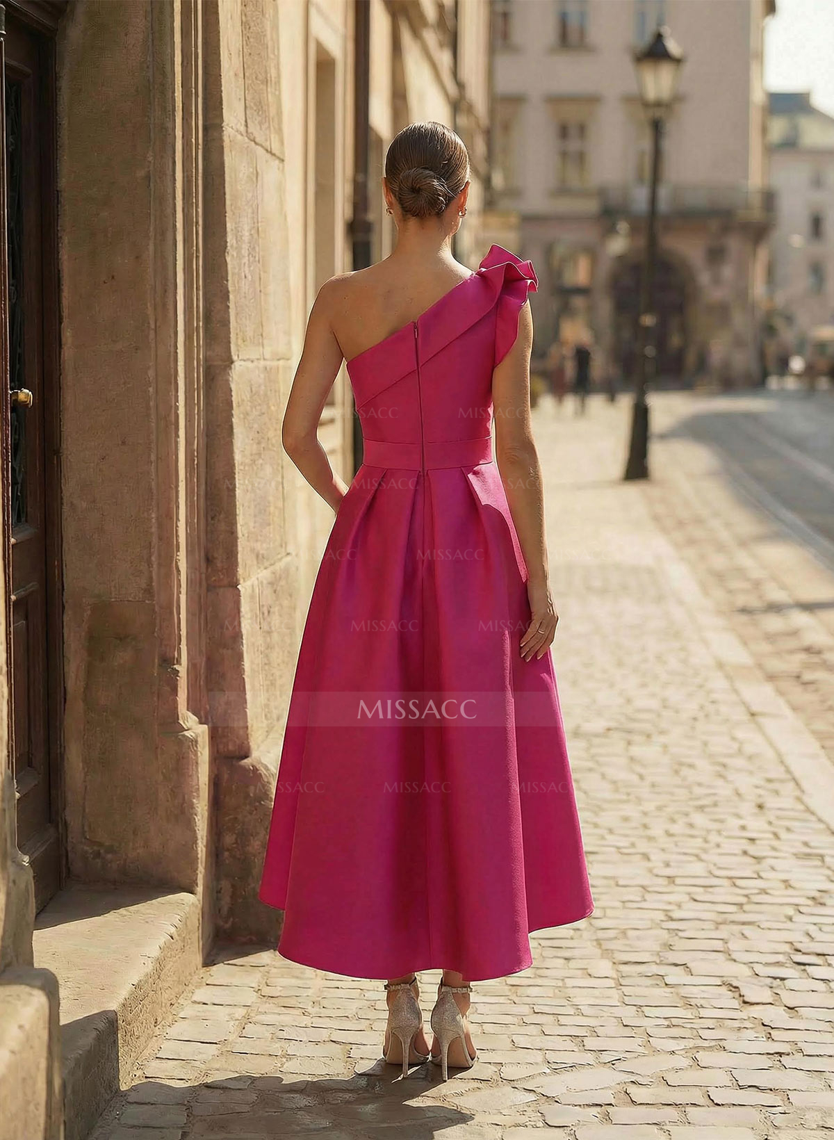 A-Line One-Shoulder Sleeveless Satin Cocktail Dresses With Ruffle