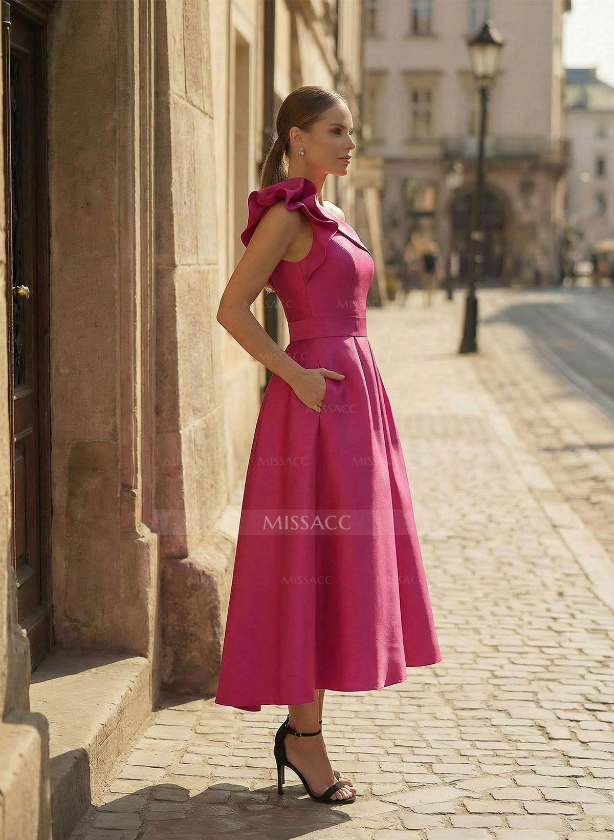 A-Line One-Shoulder Sleeveless Satin Cocktail Dresses With Ruffle