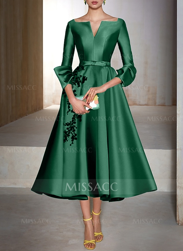 A-Line V-Neck 3/4 Sleeves Tea-Length Satin Cocktail Dresses With Lace