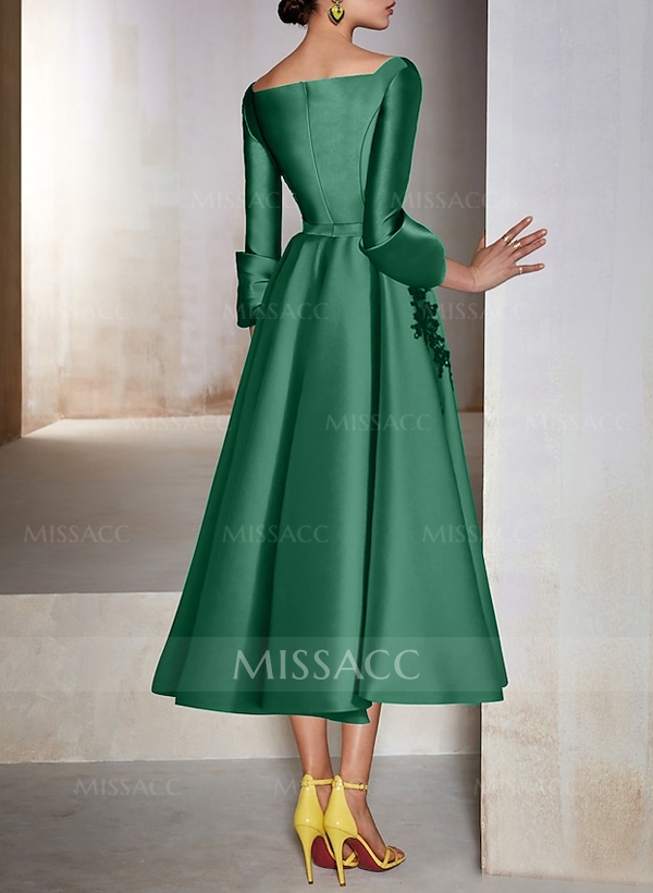 A-Line V-Neck 3/4 Sleeves Tea-Length Satin Cocktail Dresses With Lace