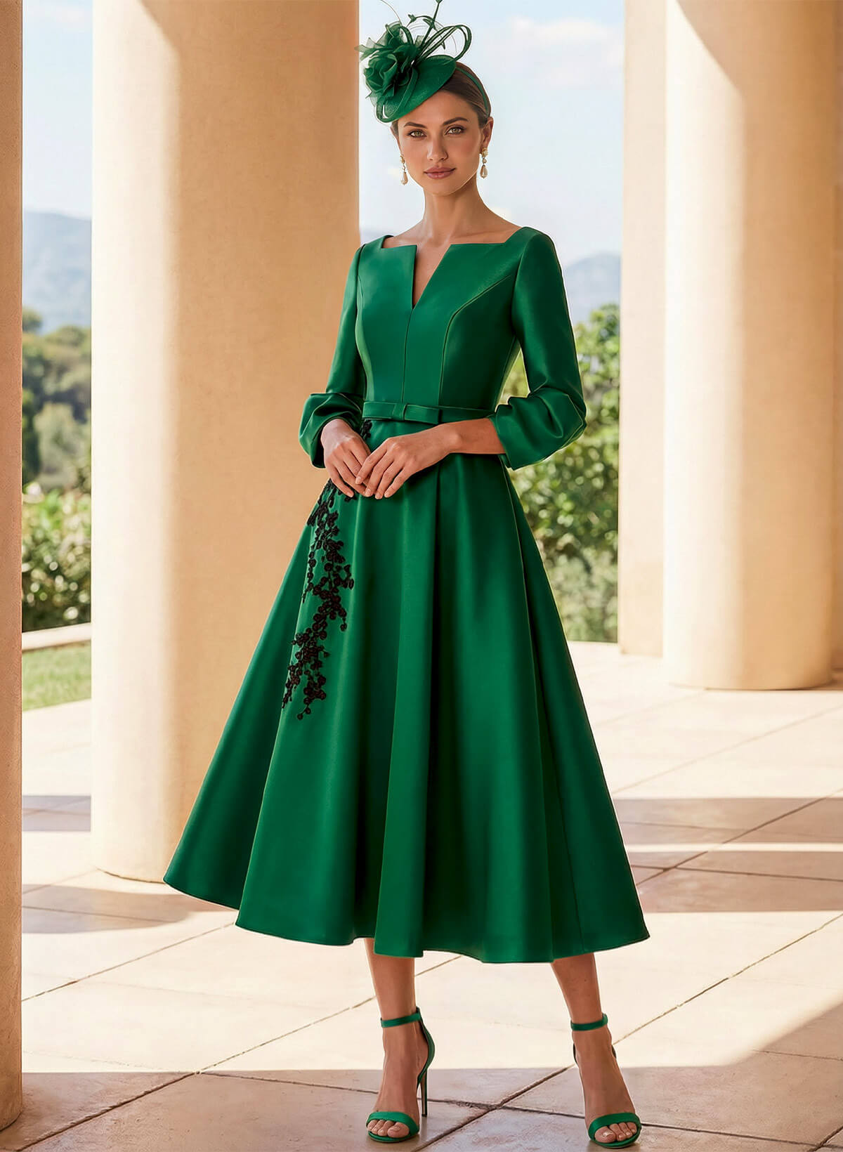 A-Line V-Neck 3/4 Sleeves Tea-Length Satin Cocktail Dresses With Lace