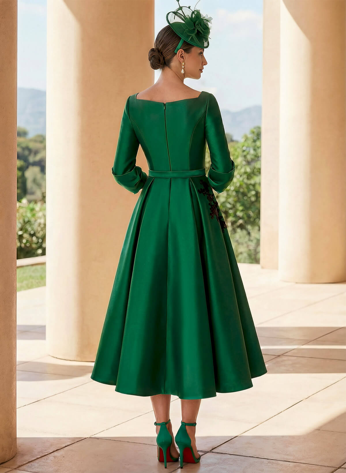 A-Line V-Neck 3/4 Sleeves Tea-Length Satin Cocktail Dresses With Lace