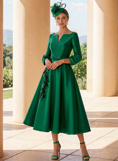 A-Line V-Neck 3/4 Sleeves Tea-Length Satin Cocktail Dresses With Lace