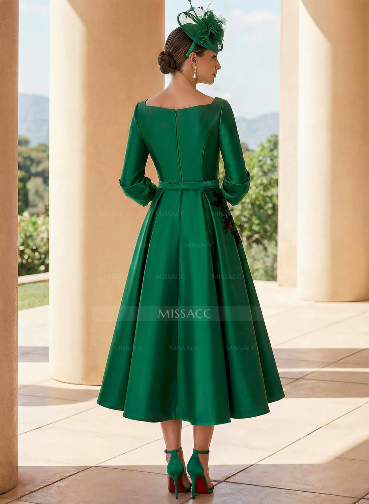 A-Line V-Neck 3/4 Sleeves Tea-Length Satin Cocktail Dresses With Lace
