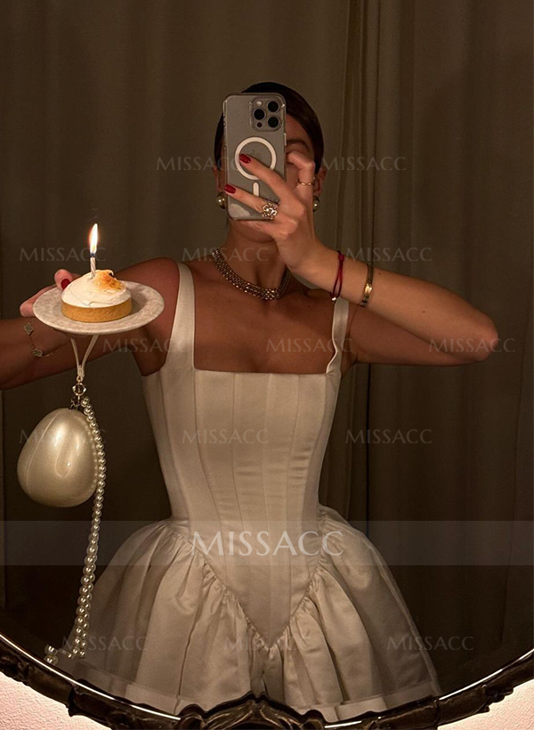 A-Line Square Neckline Sleeveless Short/Mini Matte Satin Cocktail Dresses