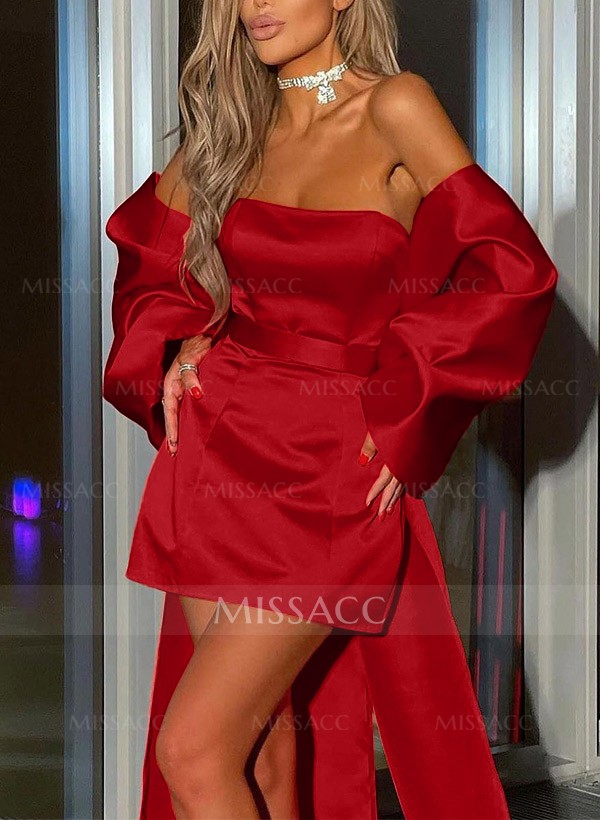 Sheath/Column Off-The-Shoulder Short/Mini Satin Cocktail Dresses With Bow(s)