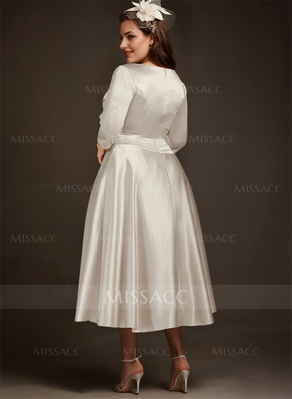 A-Line V-Neck 3/4 Sleeves Tea-Length Matte Satin(Non-Stretch) Cocktail Dresses
