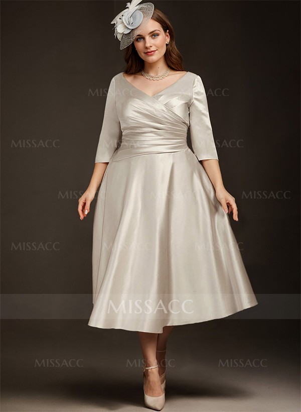 A-Line V-Neck 3/4 Sleeves Tea-Length Matte Satin(Non-Stretch) Cocktail Dresses