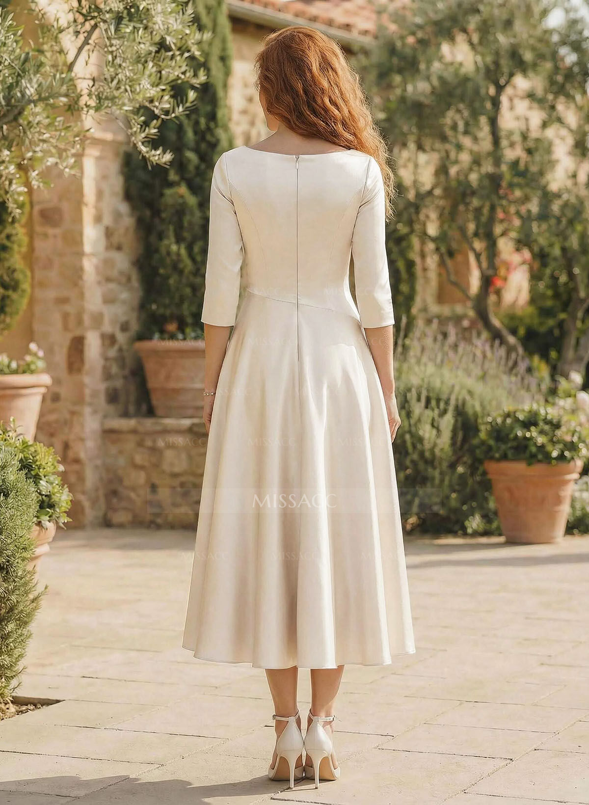 A-Line V-Neck 3/4 Sleeves Tea-Length Matte Satin(Non-Stretch) Cocktail Dresses