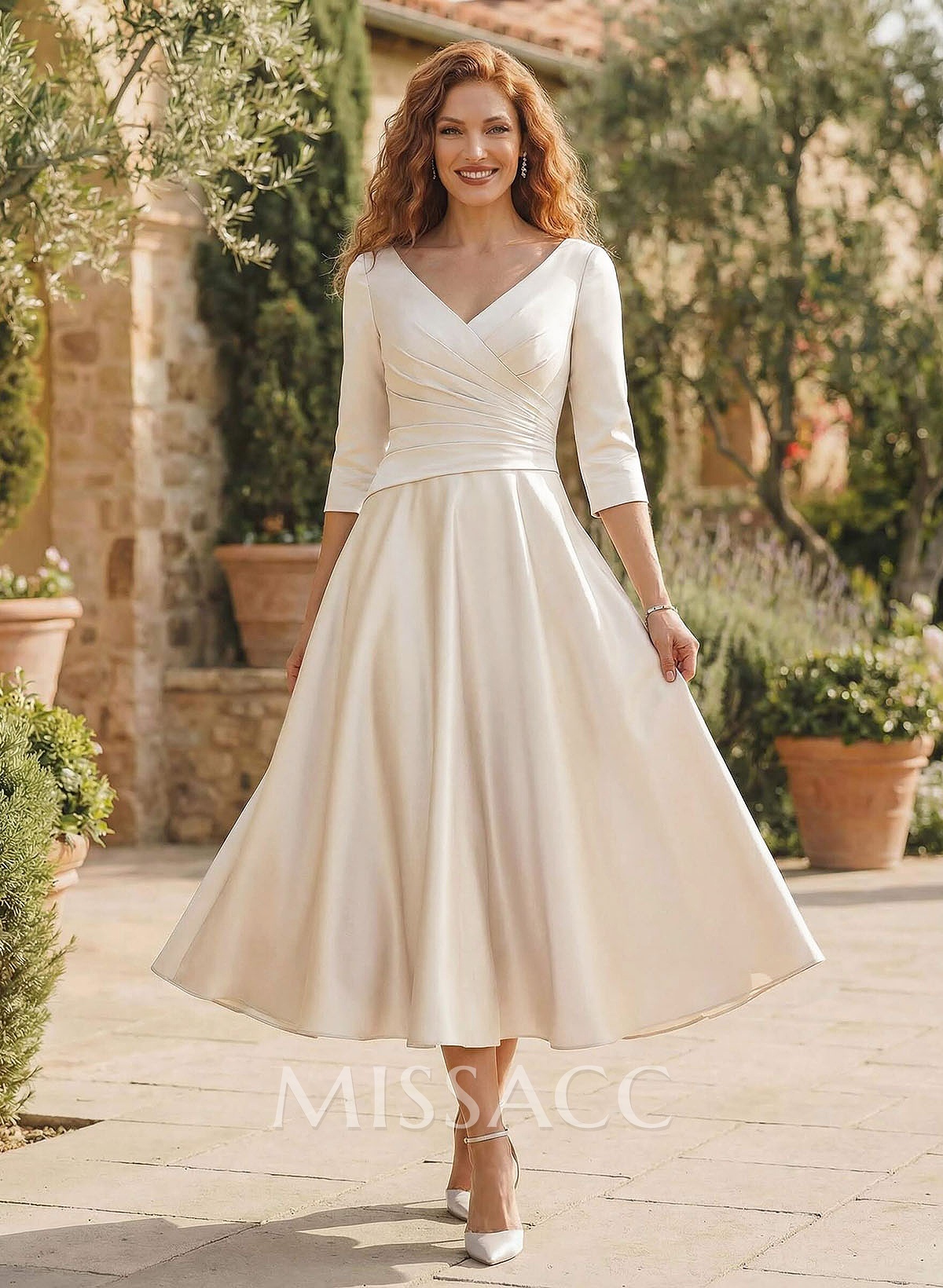 A-Line V-Neck 3/4 Sleeves Tea-Length Matte Satin(Non-Stretch) Cocktail Dresses A-Line V-Neck 3/4 Sleeves Tea-Length Matte Satin(Non-Stretch) Cocktail Dresses