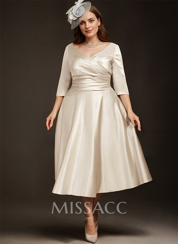 A-Line V-Neck 3/4 Sleeves Tea-Length Matte Satin(Non-Stretch) Cocktail Dresses A-Line V-Neck 3/4 Sleeves Tea-Length Matte Satin(Non-Stretch) Cocktail Dresses