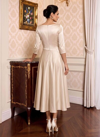 A-Line V-Neck 3/4 Sleeves Tea-Length Matte Satin(Non-Stretch) Cocktail Dresses