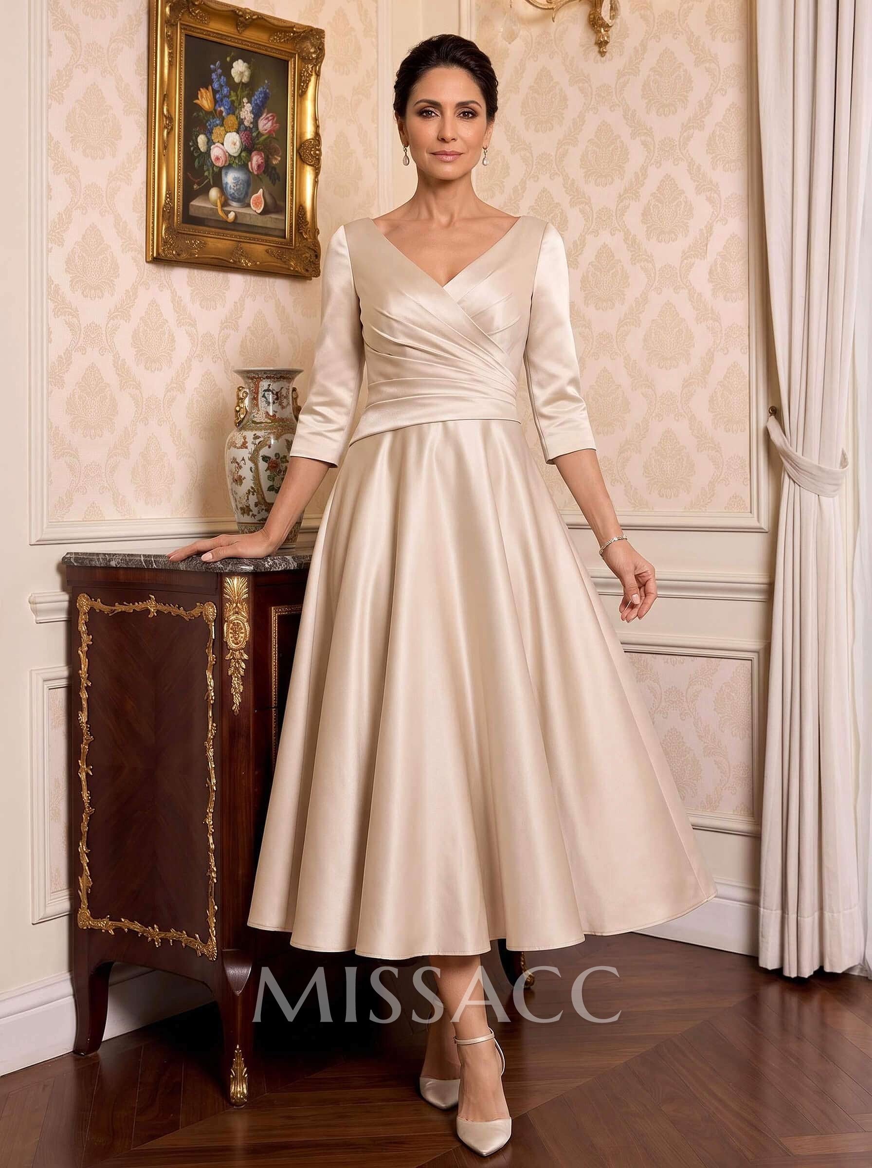 A-Line V-Neck 3/4 Sleeves Tea-Length Matte Satin(Non-Stretch) Cocktail Dresses