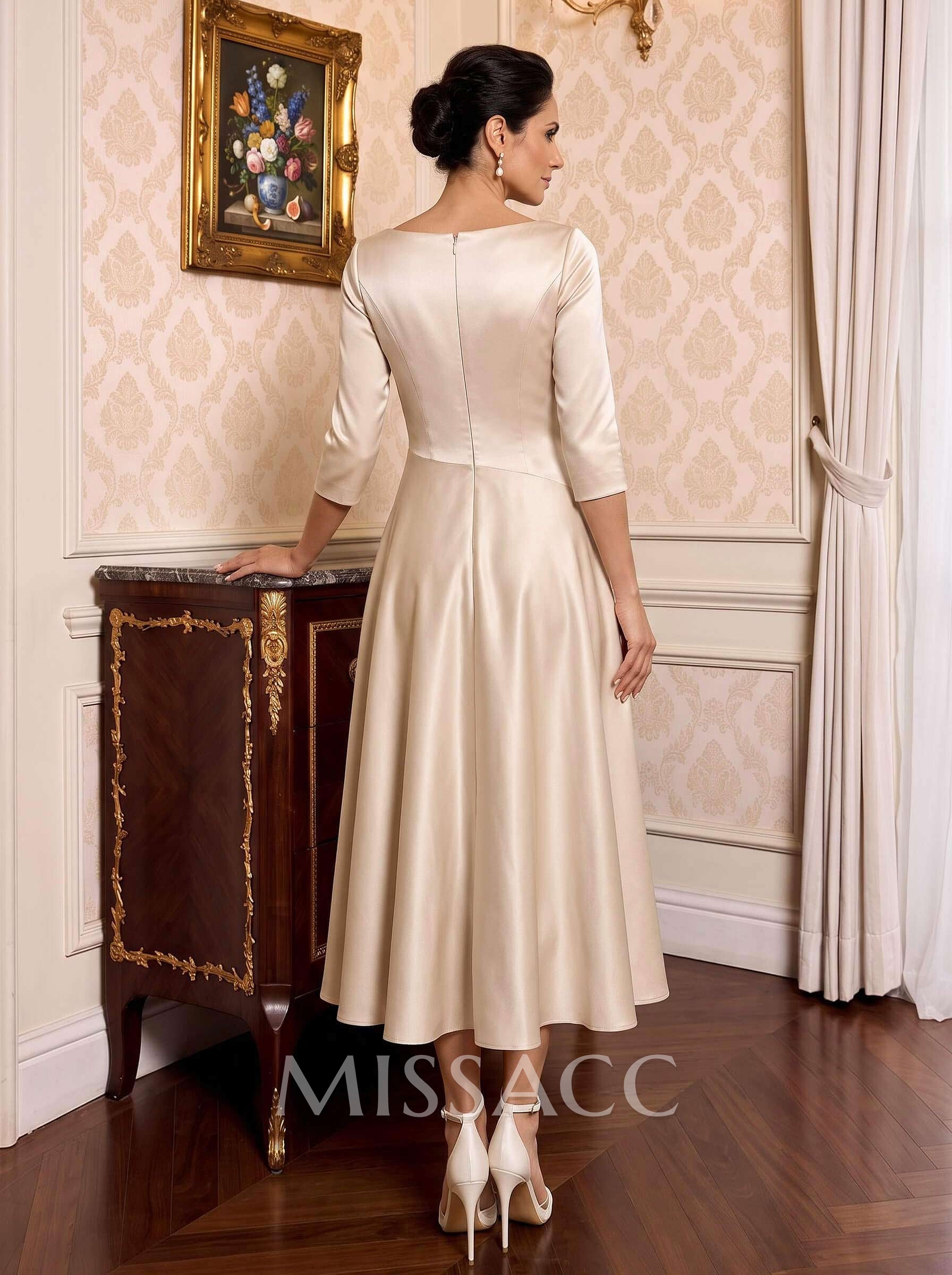 A-Line V-Neck 3/4 Sleeves Tea-Length Matte Satin(Non-Stretch) Cocktail Dresses