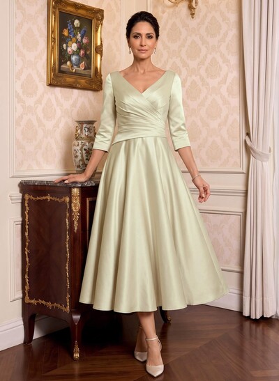 A-Line V-Neck 3/4 Sleeve Midi Matte Satin (Non-Stretch) Cocktail Dresses
