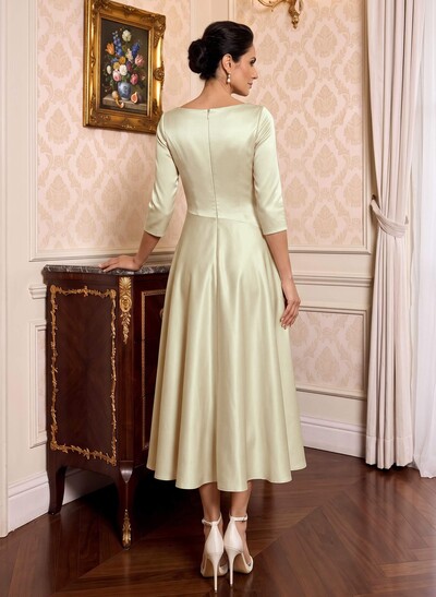 A-Line V-Neck 3/4 Sleeve Midi Matte Satin (Non-Stretch) Cocktail Dresses
