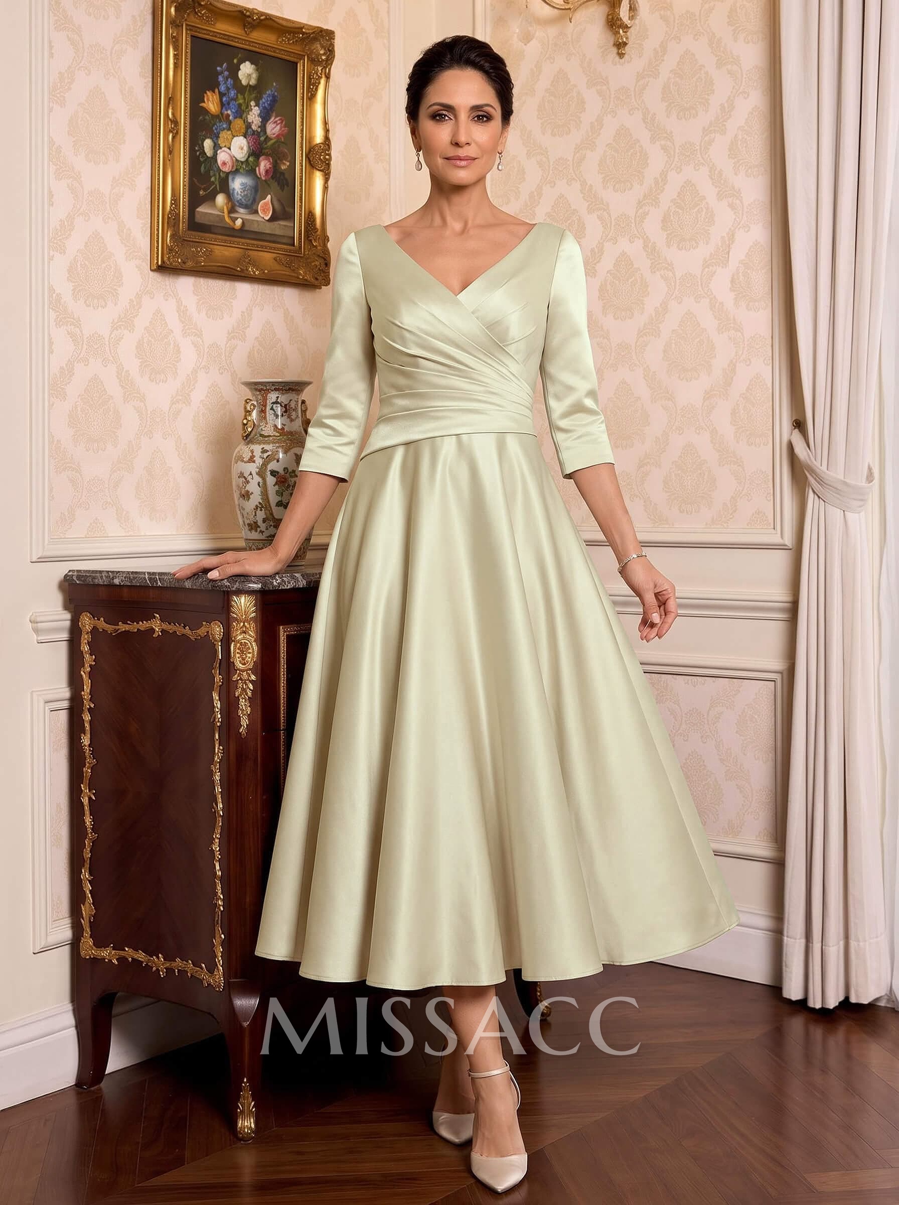 A-Line V-Neck 3/4 Sleeves Tea-Length Matte Satin(Non-Stretch) Cocktail Dresses A-Line V-Neck 3/4 Sleeves Tea-Length Matte Satin(Non-Stretch) Cocktail Dresses