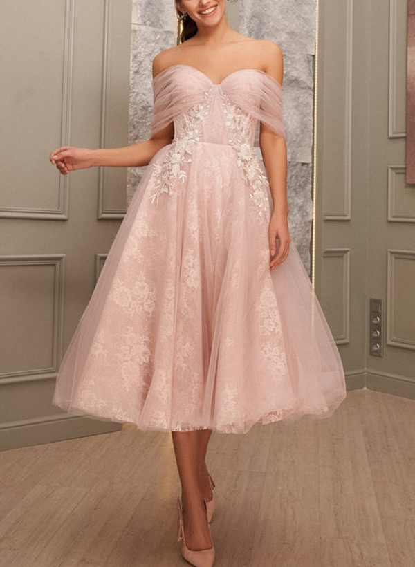 A-Line Off-The-Shoulder Sleeveless Tulle Cocktail Dresses With Appliques Lace