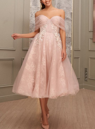 A-Line Off-The-Shoulder Sleeveless Tulle Cocktail Dresses With Appliques Lace