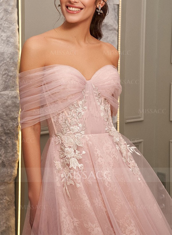 A-Line Off-The-Shoulder Sleeveless Tulle Cocktail Dresses With Appliques Lace