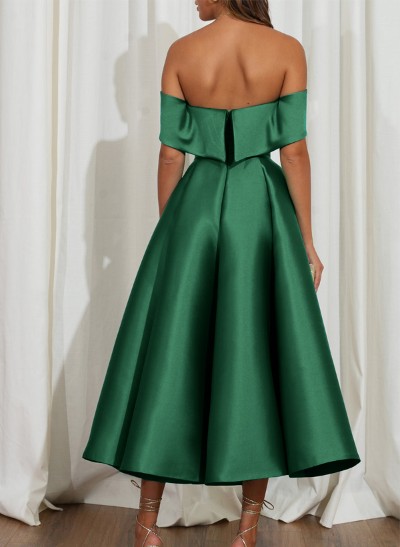 A-Line Off-The-Shoulder Sleeveless Tea-Length Satin Cocktail Dresses