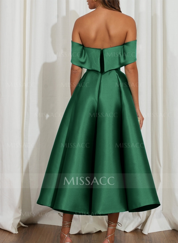 A-Line Off-The-Shoulder Sleeveless Tea-Length Satin Cocktail Dresses